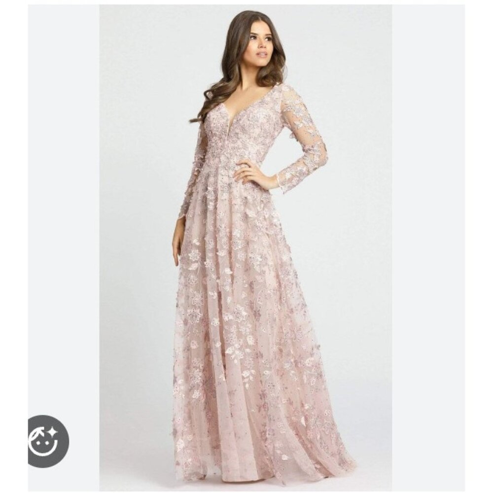 Mac Duggal 70224 Dress Womens 2 Pink Embroidered Sequin Long Sleeve Maxi Gown